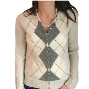 J. Crew Celeste Cream and Gray Argyle Cardigan 100% Cashmere Sweater Sz Medium